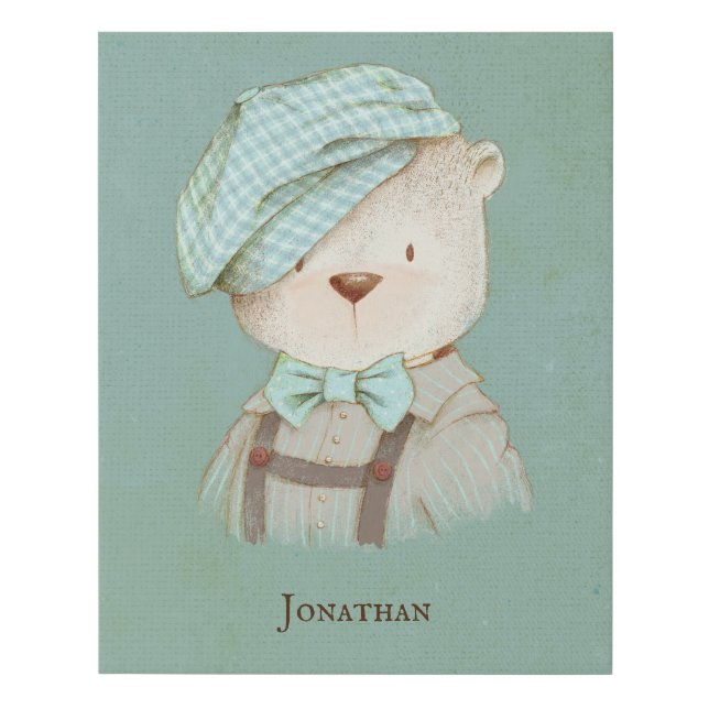 Sweet Teddy Bear Overalls Hat Name Personalize Faux Canvas Print (Front)