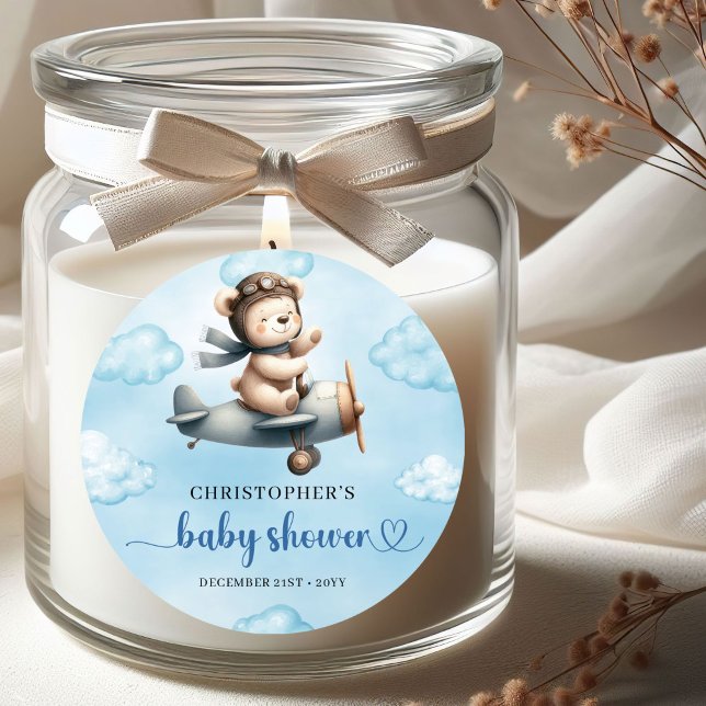 Sweet Teddy Bear Pilot Blue Brown Boy Baby Shower  Classic Round Sticker (Sweet Teddy Bear Pilot Blue Brown Boy Baby Shower Sticker)