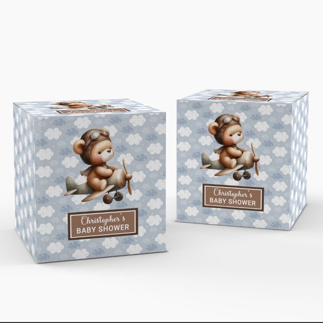 Sweet teddy bear pilot boy shower favor box blue (Charming Teddy Bear Pilot Boy Baby Favor Box)
