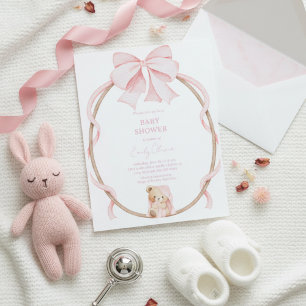 Sweet Teddy Bear & Pink Bow Baby Girl Shower  Invitation