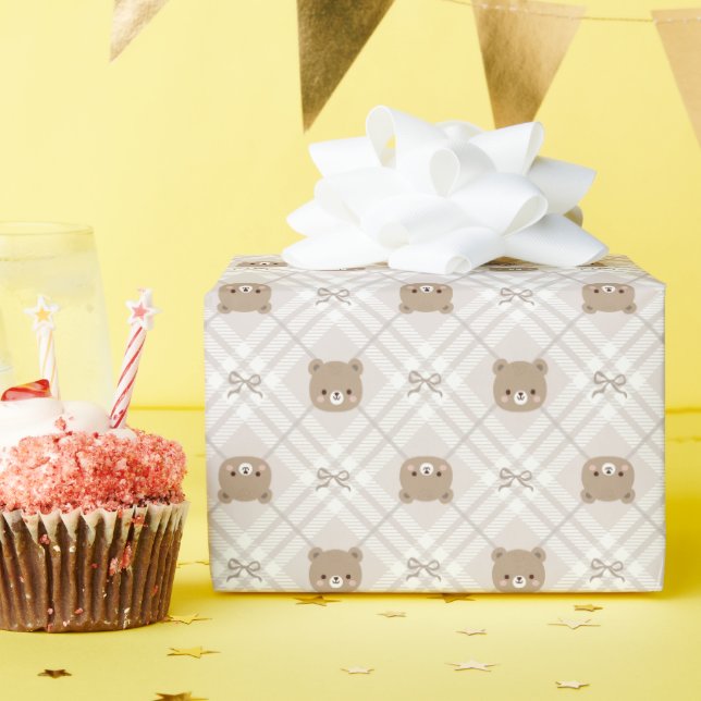 Sweet Teddy Bear Plaid Wrapping Paper Roll (Birthday Party)