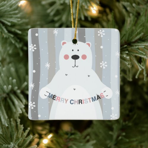 Sweet Teddy Bear Snow Merry Baby First Christmas Ceramic Ornament