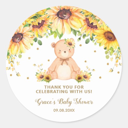 Sweet Teddy Bear Sunflower Thank You Gold Glitter  Classic Round Sticker