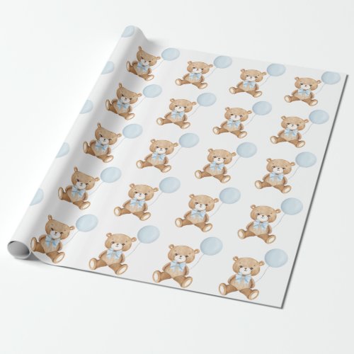 Sweet Teddy Bear with Soft Pastel Blue Balloon Wrapping Paper