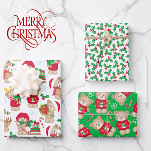 Sweet Teddy Bears 3 Coordinating Christmas Wrapping Paper Sheets