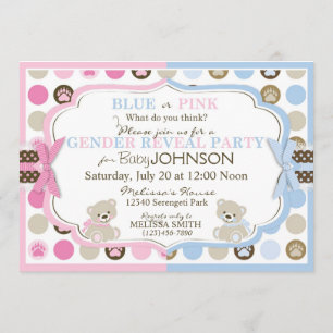 Sweet Teddy Bears and Paw Dot Print Gender Reveal Invitation