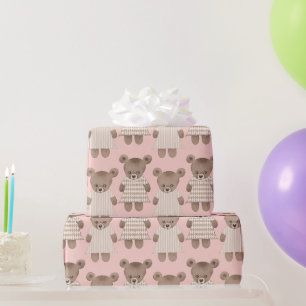 Sweet Teddy, Bears in Dresses, Pink Background Wrapping Paper