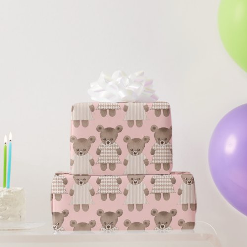 Sweet Teddy Bears in Dresses Pink Background Wrapping Paper