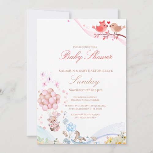 Sweet Teddy Love Birds Baby Shower Invitation