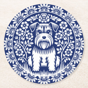 Sweet Terrier Puppy Blue and White Vintage Floral Round Paper Coaster