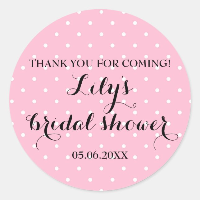 Sweet Thank you Bridal Shower Pink and White Dots Classic Round Sticker (Front)