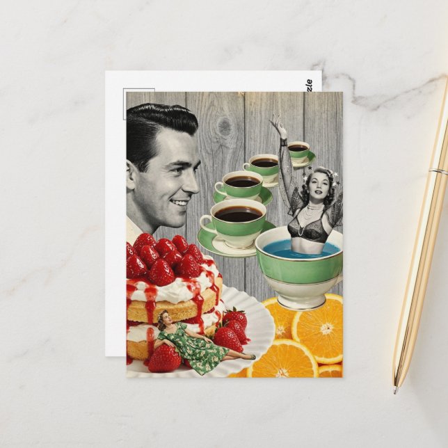 Sweet Thoughts Surreal Collage Man Thinks of Women Postcard (Front/Back In Situ)