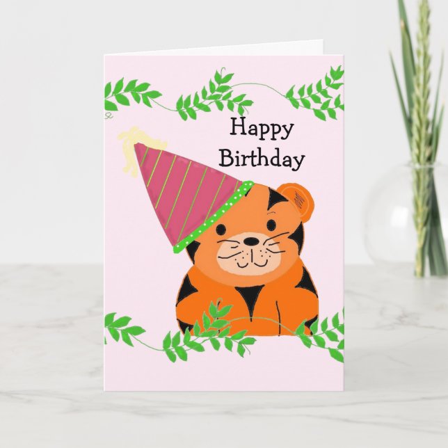 Sweet Tiger in a Birthday Hat Card (Front)