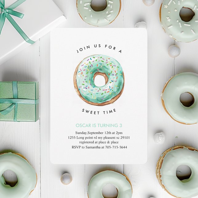 Sweet Time Pastel Green Donut Birthday Invitation (Creator Uploaded)