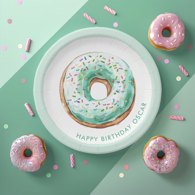 Sweet Time Pastel Green Donut Birthday Paper Plates (Creator Uploaded)