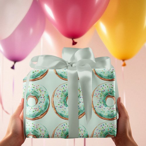 Sweet Time Pastel Green Donut Birthday Wrapping Paper