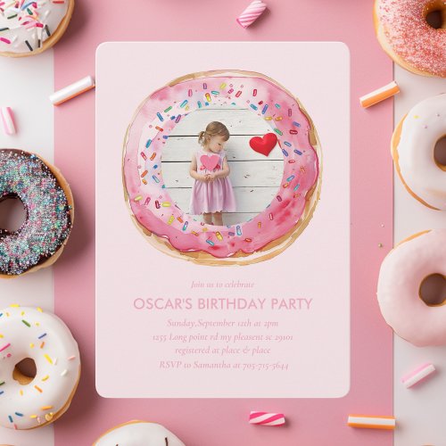 Sweet Time Pastel Pink Donut Birthday Invitation