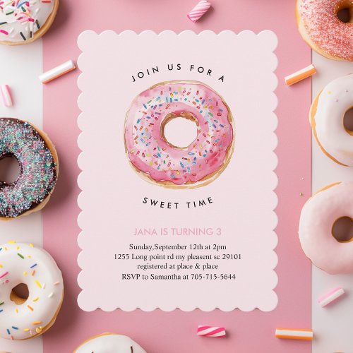 Sweet Time Pastel Pink Donut Birthday Invitation