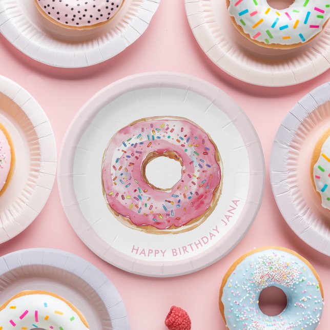 Sweet Time Pastel Pink Donut Birthday Paper Plates (Creator Uploaded)