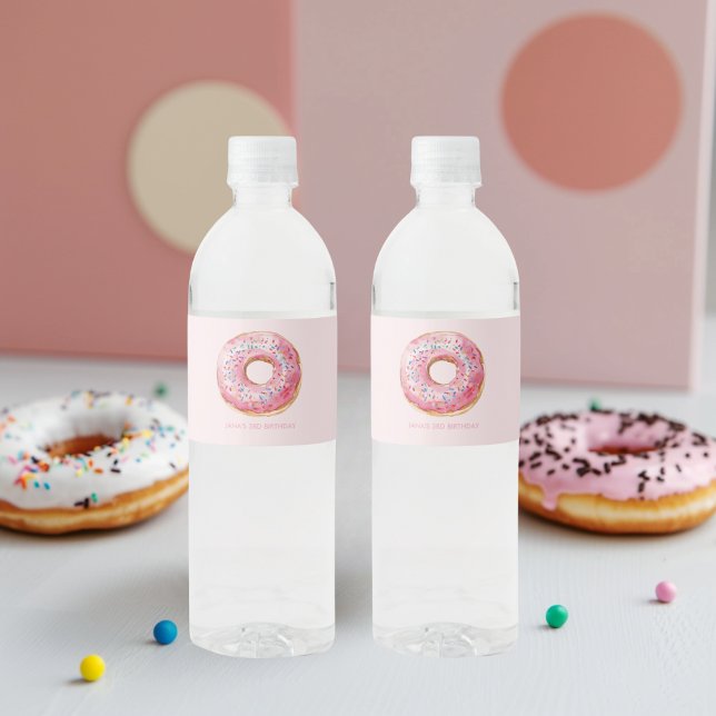 Sweet Time Pastel Pink Donut Birthday Water Bottle Label (Creator Uploaded)