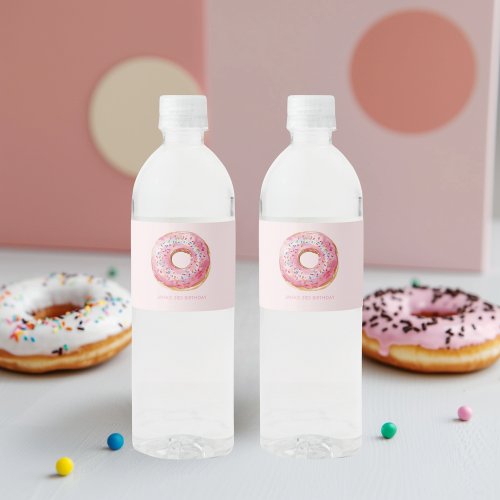 Sweet Time Pastel Pink Donut Birthday Water Bottle Label