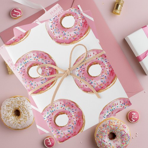 Sweet Time Pastel Pink Donut Birthday Wrapping Paper Sheets