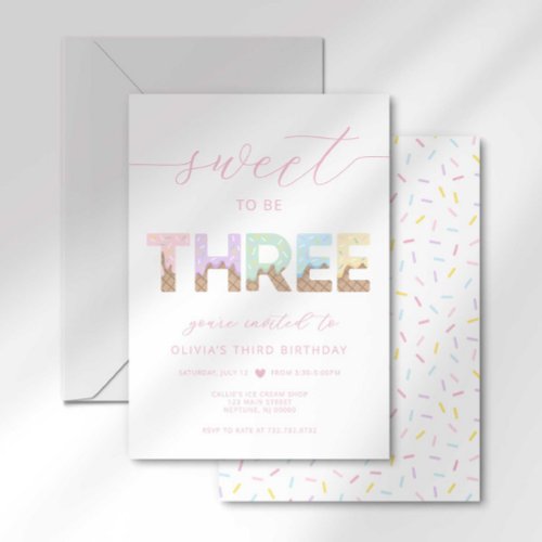 Sweet to be 3 Ice Cream Party Invitation