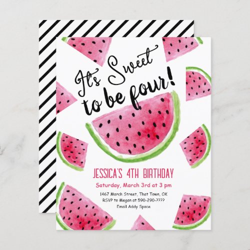  Sweet to Be Four Melon Birthday Party Invitation