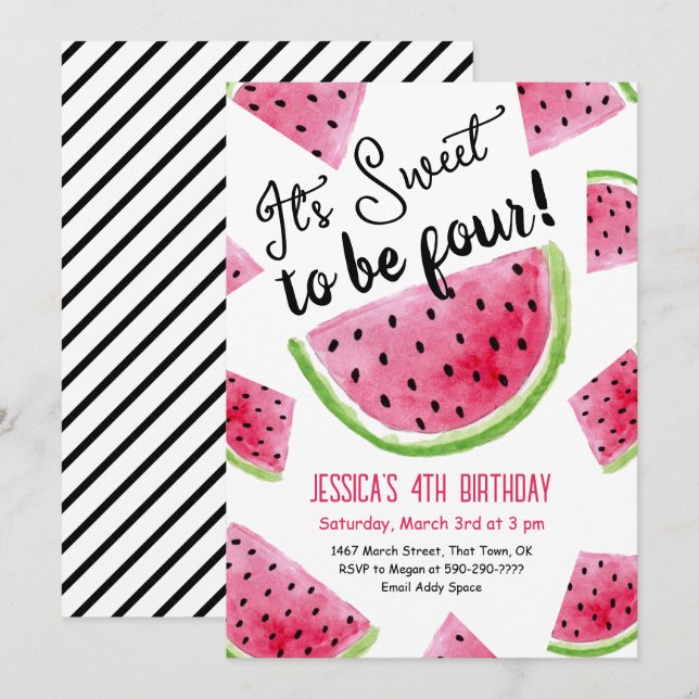  Sweet to Be Four Melon Birthday Party Invitation (Front/Back)