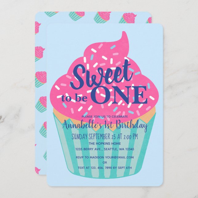 Sweet to be One Cupcake Kids First Birthday Invitation (Front/Back)