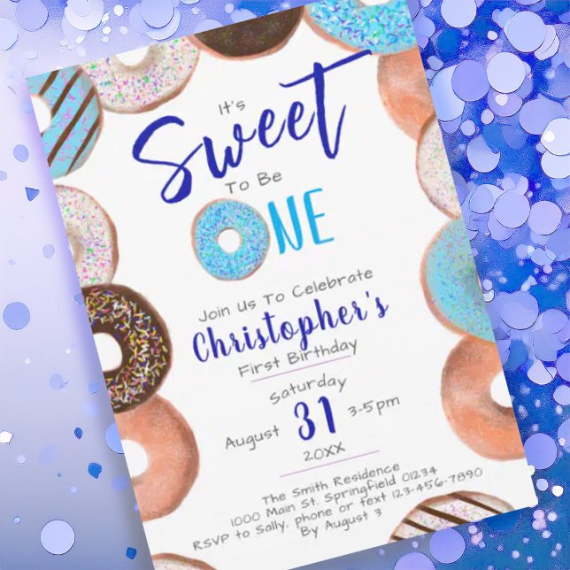 Sweet To Be One Donut Blue Boy 1st Birthday Party Invitation (Creator Uploaded)