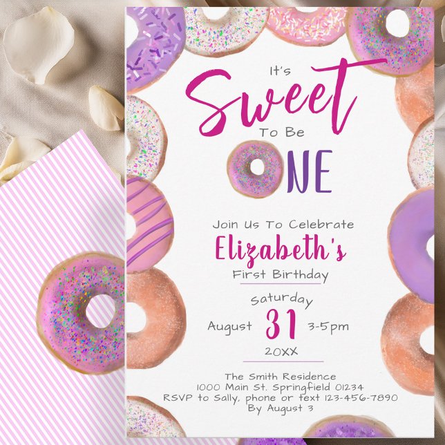 Sweet To Be One Donut Pink Girl 1st Birthday Party Invitation (Creator Uploaded)
