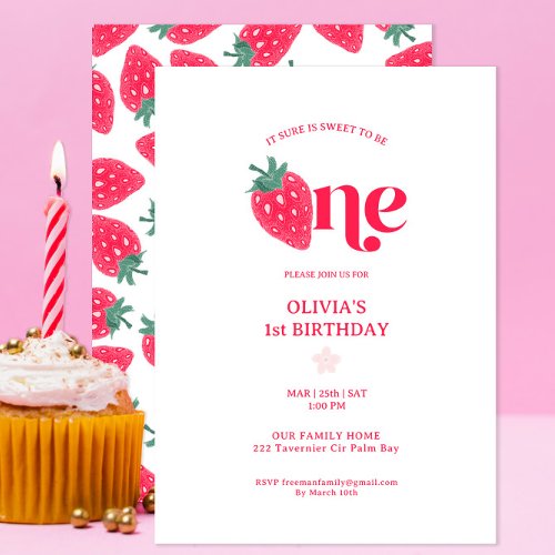 Sweet To Be One Girl 1st Strawberry Birthday Party Invitation