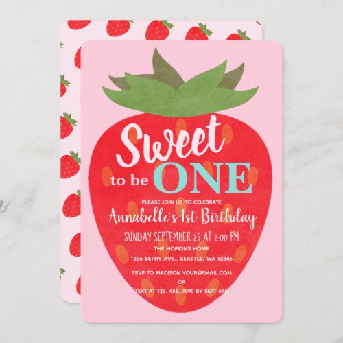 Sweet to be One Strawberry Kids First Birthday Invitation