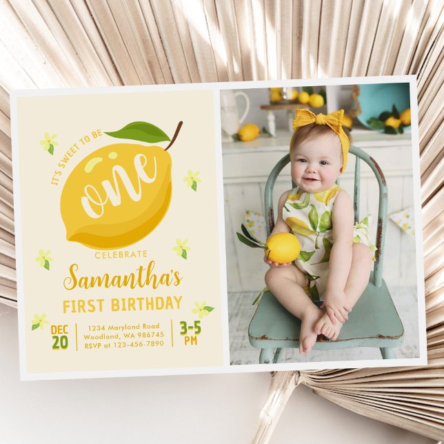 Sweet To Be One Summer Lemon 1st Birthday Photo Invitation (Creator Uploaded)