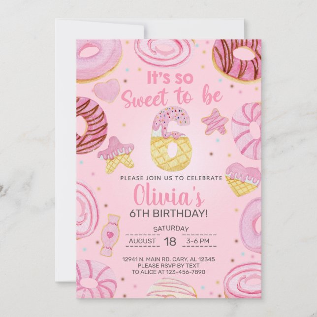 Sweet to be six donuts girl 6th birthday invite. invitation (Front)