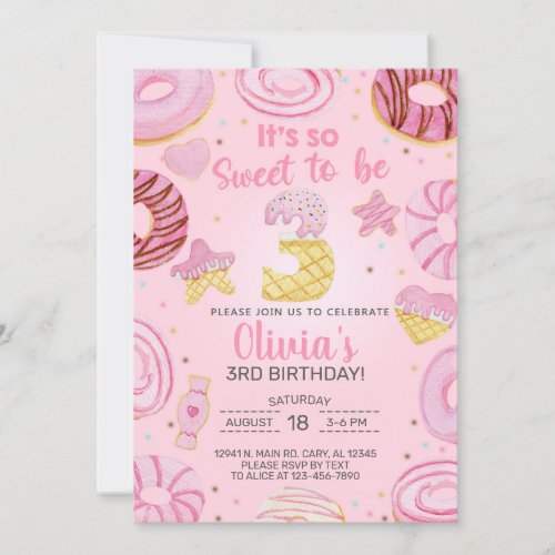 Sweet to be three donuts girl 3rd birthday invite invitation