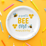 Sweet to Bee One 1st Bee Day Birthday Party Paper Plates<br><div class="desc">Cute 1st birthday party paper plates featuring the phrase "So Sweet to Bee One" in blue and yellow hand-lettering surrounded by illustrations of flying bees and honeycombs. Personalize these adorable bee-themed 1st birthday party paper plates with your child's name.</div>