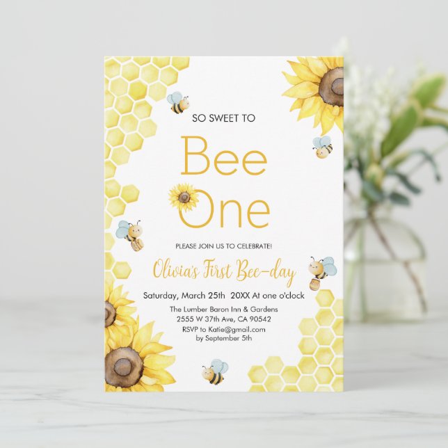 Sweet To Bee One First Bee Day Birthday Party Invitation (Standing Front)