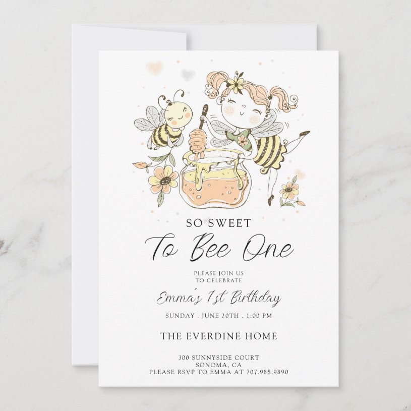 Sweet To Bee One Honey 1st Birthday Invitation