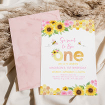 Sweet to Bee One Pink Floral Sunflower Birthday Invitation