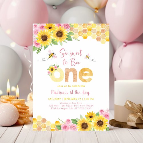 Sweet to Bee One Pink Floral Sunflower Birthday Invitation