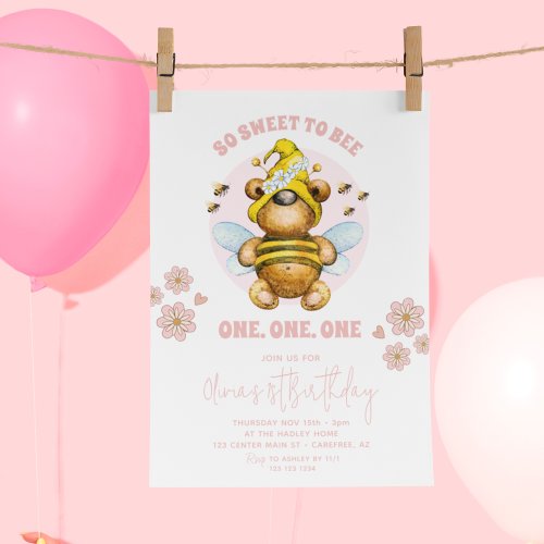 Sweet To Bee Pink Honey Bear 1st Birthday Invitation