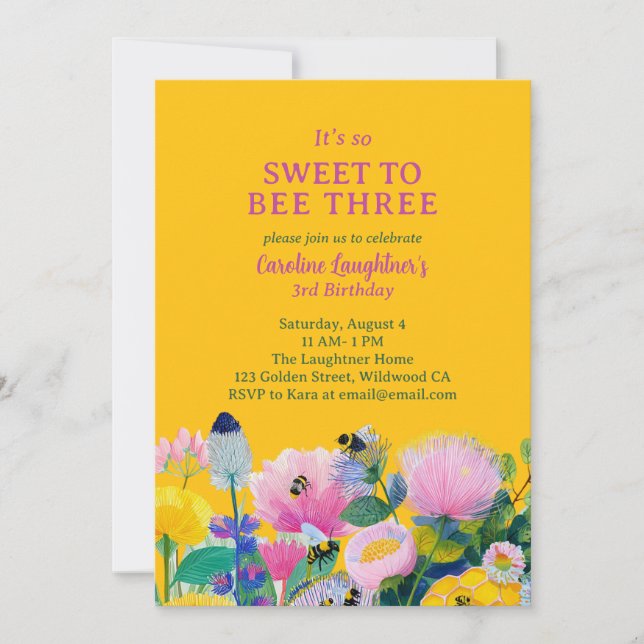 Sweet to Bee Three Colorful Third Birthday Invitation (Front)