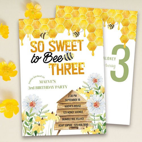 Sweet to Bee Three Hive and Honeycomb 3rd Birthday Invitation
