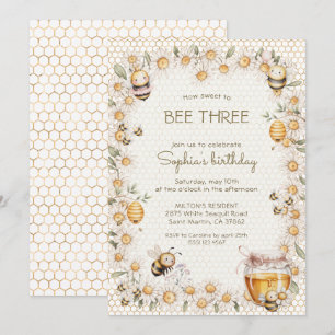 Sweet to BEE Three Honey Bees Daisy Birthday Invitation