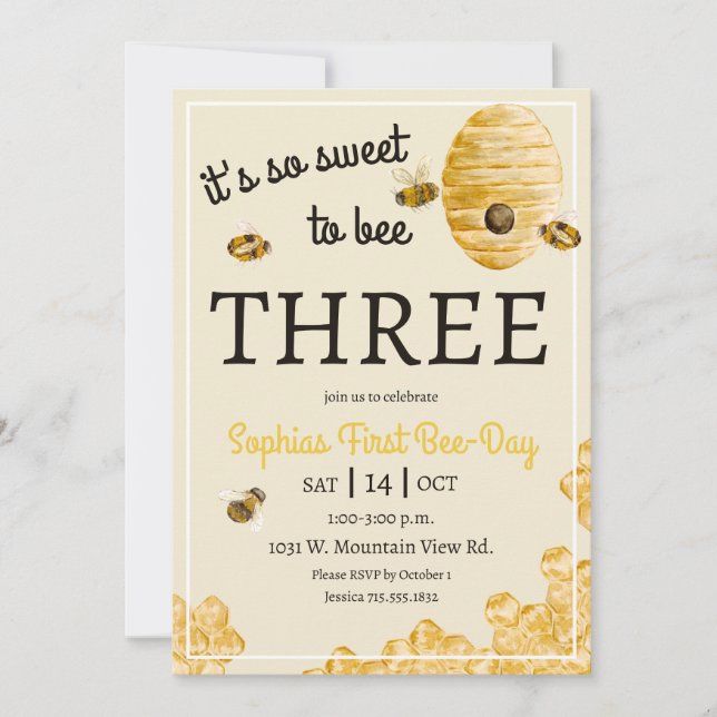 Sweet to Bee Three Honeycomb Bees 3rd Birthday  Invitation (Front)