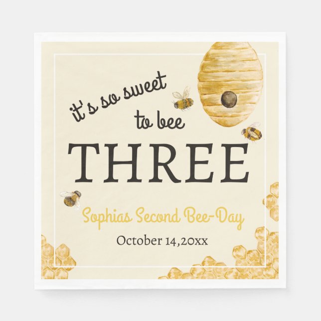 Sweet To Bee Three Third Birthday Bees Honeycomb Napkins (Front)