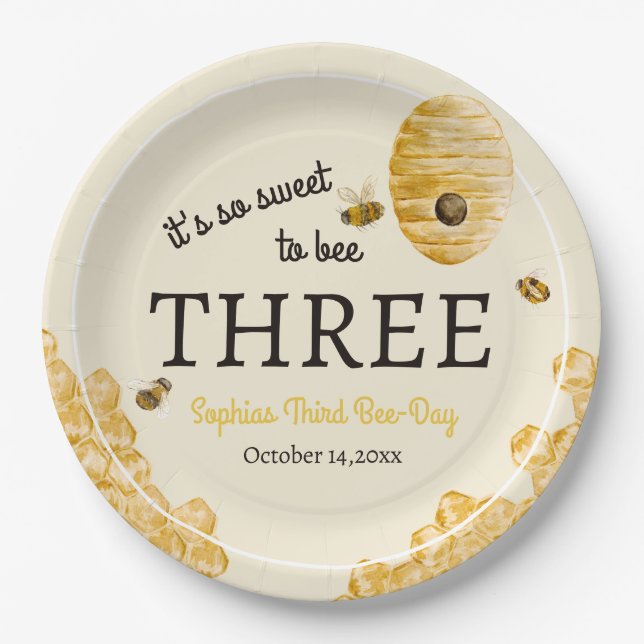 Sweet To Bee Three Third Birthday Bees Honeycomb Paper Plates (Front)