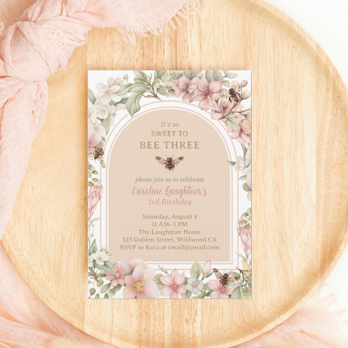 Sweet to Bee Three Wildflower Third Birthday Invitation